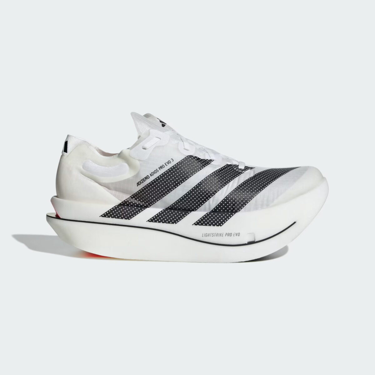 Side profile of the adizero adios pro evo 3 showing the revolutionary lightweight design